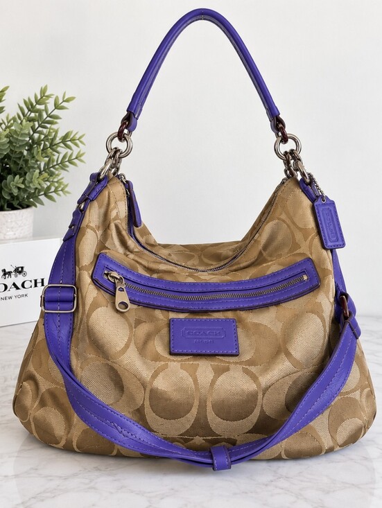 Coach Handbags - Coach Poppy Tan and Purple Signature Hobo Bag with Purple Trim